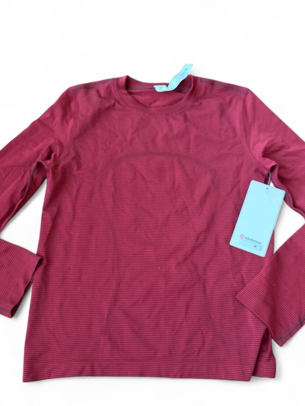 Lululemon Swiftly Relaxed Long Sleeve in red with thin horizontal stripes